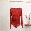 Tejido de Lana de Punto para Otoño e Invierno para Mujer, Diseño de Nicho, Cuello Redondo Cruzado, Mangas Largas, Versátil, Adelgazante, Top Básico para Usar Solo