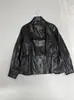 Novedades para Otoño e Invierno, Chaqueta de Cuero Ecológico de Doble Pieza Falsa con Cuello Alto y Cintura con Cordón, Color Negro/Café