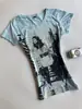 Camiseta feminina de cor sólida com estampa de personagem transfronteiriça, estilo INS, nova para o verão, com recortes, slim fit