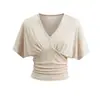 Camiseta chic y fresca de estilo coreano para mujer, con mangas murciélago, cuello en V, manga tres cuartos, para usar en verano, con cintura fruncida plisada, top de media manga para chica popular