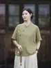 26 Verano Nuevo Retro Solapa Oblicua Botón de Rana Algodón Lino Top Nuevo Estilo Chino Nacional Zen Ropa de Té Manga Corta Camisa