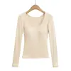 Camiseta Básica de Manga Larga Ajustada Estilo Hot Girl para Mujer Otoño e Invierno Doble Capa Cepillada Larga Casual Camiseta Interior Elástica con Efecto Adelgazante