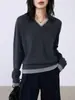 Suéter de Cachemira con Cuello en V Estilo Perezoso para Mujer de Manga Larga Falso Dos Piezas Moda Holgado Adelgazante Tejido Versátil Capa Base