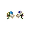 Pendientes Asimétricos de Flor de Esmalte Retro Francés con Tachuelas de Plata y Circonita para Mujer, Elegantes y Estilosos Clips para Orejas y Joyería