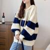 Suéter com Capuz Color Block Estilo Transfronteiriço Outono e Inverno para Mulheres, Malha Casual Plus Size, Jaqueta de Tricô Estilo Coreano Redutora de Idade com Mangas Longas