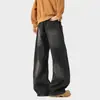 Jeans Retro Americanos Lavados con Parches Curvos para Hombres y Mujeres, Pantalones de Pierna Ancha Acampanados de Peso Pesado, Holgados, Negros, de Largo hasta el Suelo