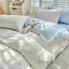 Lindo Set de Ropa de Cama de Oso Estampado de Cuatro Piezas Algodón Lavado Estilo Dibujos Animados Dormitorio de Estudiante