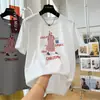 Camiseta Gris Estampada de Personaje de Dibujos Animados de Peso Pesado para Mujer, Estilo Coreano Elegante, Rejuvenecedora, Versátil, Adelgazante, Cuello Redondo, Algodón Puro, Manga Corta, Verano