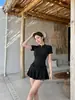 3 Colores Estilo Coreano Simple Color Sólido Manga Corta Estilo Falda Conservador Cuello Alto Cremallera Talla Grande Adelgazante Vacaciones en la Playa Abertura