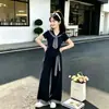 Conjunto de Verano Dopamina para Estudiante de Secundaria Chica Moda Cuello Azul Marino Manga Corta Versátil Delgado Pantalones Casuales Conjunto de Dos Piezas