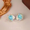 Pendientes de Plata de Ley 925 con Aguja Turquesa Vintage, Lujo Ligero, Gama Alta, Pendientes de Botón Elegantes, Diseño de Nicho, Pendientes Estilo Mediados de Siglo