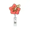 Porta gafete acrílico de flor de hibisco con purpurina de colores, con porta gafete retráctil y pinza de cocodrilo médica