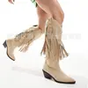 Estación independiente Nuevo talla grande comercio exterior suministro Amazon retro europeo y americano tacón medio botas altas Botas de PU con punta y borlas para mujer