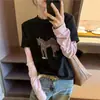 Camiseta Escovada Estampa de Pônei Falsa Duas Peças para Mulheres, Estilo Europeu 2025 Inverno Nova Moda Camisa Básica Feminina Europeia Tendência