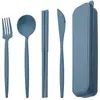 Juego de Cubiertos Portátil para Camping al Aire Libre Amazon Transfronterizo, Tenedor, Cuchara y Palillos, Negro, Vajilla de Paja de Trigo, Juego de Cuatro Piezas