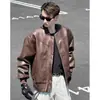 Jaqueta de Couro Maillard com Gola Alta Pu Masculina Outono Tendência Marca Nova Silhueta Solta Estilosa Jaqueta Baseball Jaqueta de Motociclista