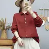 Camisa de manga larga de gasa de algodón de doble capa para mujer, diseño artístico estilo Mori con tapeta bordada, estampado de hojas frescas, algodón puro, corte holgado