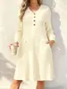 Vestido de punto de manga larga acanalado, diseño de botones con cuello en V estilo europeo y americano, casual y elegante para ir al trabajo, cómodo y favorecedor.