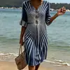 Novo Vestido Longo Listrado com Gola V Franzida e Botões, Estilo Cross-Border 2026, Vestido Casual da Moda para o Dia a Dia das Mulheres, Estilo Verão