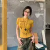 Camiseta de Manga Corta de Algodón Puro con Hombros Rectos, Diseño de Nicho de Moda para Mujer, Verano Estilo Americano Chica Picante Corta Ajustada Adelgazante Top
