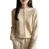 Suéter de tricô de lã outono e inverno transfronteiriço para mulheres, camisa base com gola alta, cardigã de crochê solto e espessado com vazados, gola semi-alta