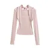 Ropa de Mujer al por Mayor Transfronteriza Estilo Europeo y Americano Primavera Nueva Vintage Cubrehombros Hueco con Atadura al Cuello Camiseta de Manga Larga