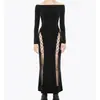 Vestido Longo Feminino de Manga Longa Cor Sólida com Fenda Estilo Europeu e Americano Primavera e Outono Vazado Sexy com Cadarço Atacado Design Off-The-Shoulder