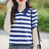 Nueva Camiseta de Punto con Cuello Polo de Color Bloque Rayado Estilo Coreano de Manga Corta para Mujer Chaqueta Top para Mujer