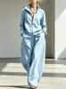 Conjunto de dos piezas de traje casual de corte slim con cuello alto y cremallera, estilo europeo y americano transfronterizo, pantalones anchos holgados, ropa elegante multicolor para mujer de oficina