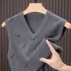 Colete suéter sem mangas de gola V aquecido e espesso para o pai, colete para homens de meia-idade, malha base 100% lã