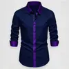 Camisa Casual de Lujo para Negocios de Color Claro, Tela Anti-Arrugas sin Planchar, Cuello de Color Contrastante, Manga Larga con Empalme de Patrón Oscuro Cruzado
