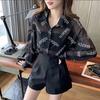 2023 moda moda carta impressão blusa protetor solar top mulheres cuidadosamente sexy micro lapel camisa chiffon