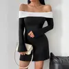 Comercio Exterior Europeo y Americano Amazon Nuevo Vestido de Mujer de Principios de Otoño sin Hombros con Mangas de Campana Vestido de Manga Larga para Mujer de Otoño e Invierno