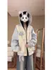 Moletom com Capuz Color Block Patchwork de Gatinhos Fofos e Doces Estilo Coreano para Mulheres, Jaqueta Cardigan Solta com Forro de Lã para Outono e Inverno