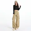 Pantalones cargo de pierna ancha de diseño geométrico caqui estilo americano, nuevos, simples, retro, con bolsillos, pantalones casuales para mujer