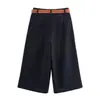 Chal de Color Contrastante Recto para Mujer 2025 Top 8333723 Pantalones Cortos de Cintura Alta Ajustados con Cinturón Plisado 8288723