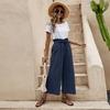 2026 Nova Moda de Verão Feminina Transfronteiriça Estilo Europeu e Americano Cintura Elástica Cor Sólida Algodão e Linho Cinto Calças de Perna Larga Calças Cropped Soltas para Mulheres