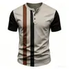 Camiseta Henley Masculina com Estampa Listrada Moda Gola Henley Botão Top Verão Solta Manga Curta para Uso Casual Diário