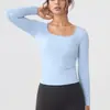 Camiseta Justa Sexy de Manga Longa com Decote Quadrado, Top Esportivo Fitness com Bojo, Roupa de Yoga Emagrecedora para Mulheres