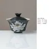 Yanyan Cerâmica Pintada à Mão Lótus de Tinta Conjunto de Três Peças Gaiwan Tigela Chinesa para Preparo de Chá Zen Xícara de Chá Gaiwan Feito à Mão Conjunto de Chá Kung Fu