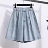 Foto Real de Shorts de Mezclilla para Verano, Tallas Grandes para Mujer, Modernos, de Cintura Alta, Adelgazantes, de Corte A, Pierna Ancha, de Longitud Media, Holgados, Populares en Redes Sociales