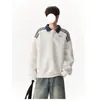 Moletom com Gola Polo Listrado Estilo College Americano Masculino Outono Inverno Color Block Peso Pesado Bordado Adolescente Gola Lapela Manga Longa Tendência