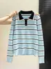 Suéter Polo de Punto Rayado Color Block Melanoid para Mujer Primavera Otoño Invierno Canalé Bloque de Color Ajuste Delgado Manga Larga Top Sencillo