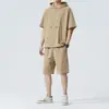 Conjunto Esportivo Casual Masculino Verão Secagem Rápida Cordão Com Capuz Manga Curta Shorts Marca Tendência Popular Solto Tamanho Grande Conjunto de Duas Peças