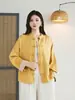Nueva chaqueta de algodón y lino jacquard de otoño con botones, mangas murciélago, corte holgado, cuello alto, top cárdigan, venta al por mayor