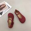 Zapatos Mary Jane Rojos Retro de Punta Redonda con Tira Única y Boca Baja 2025 Vestido de Noche con Falda Zapatos de Abuela Planos para Dedo Gordo del Pie