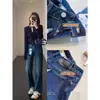 Jeans Retrô Fashionável de Alta Qualidade com Elasticidade em Quatro Direções, Cintura Alta, Corte Estreito Reto e Perna Larga para Mulheres, Outono e Inverno, Novo S0920Z