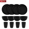 Amazon Paja de Trigo Negro Plato Plano Tazón para Sopa Taza Cuchillo Tenedor Cuchara Juego de Vajilla Set de Regalo para Picnic Logo