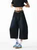Shorts Jeans Cropped de Corte Curvo em Sarja para Homens, Marca Tendência Retro Americana de Verão, Calças Largas Estilosas para Adolescentes