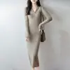 26 Otoño Invierno Nuevo Cuello de Fruta 100% Lana Pura Casual Retro Largo Hasta la Rodilla Ajustado al Cuerpo Capa Base Vestido Largo de Punto Largo